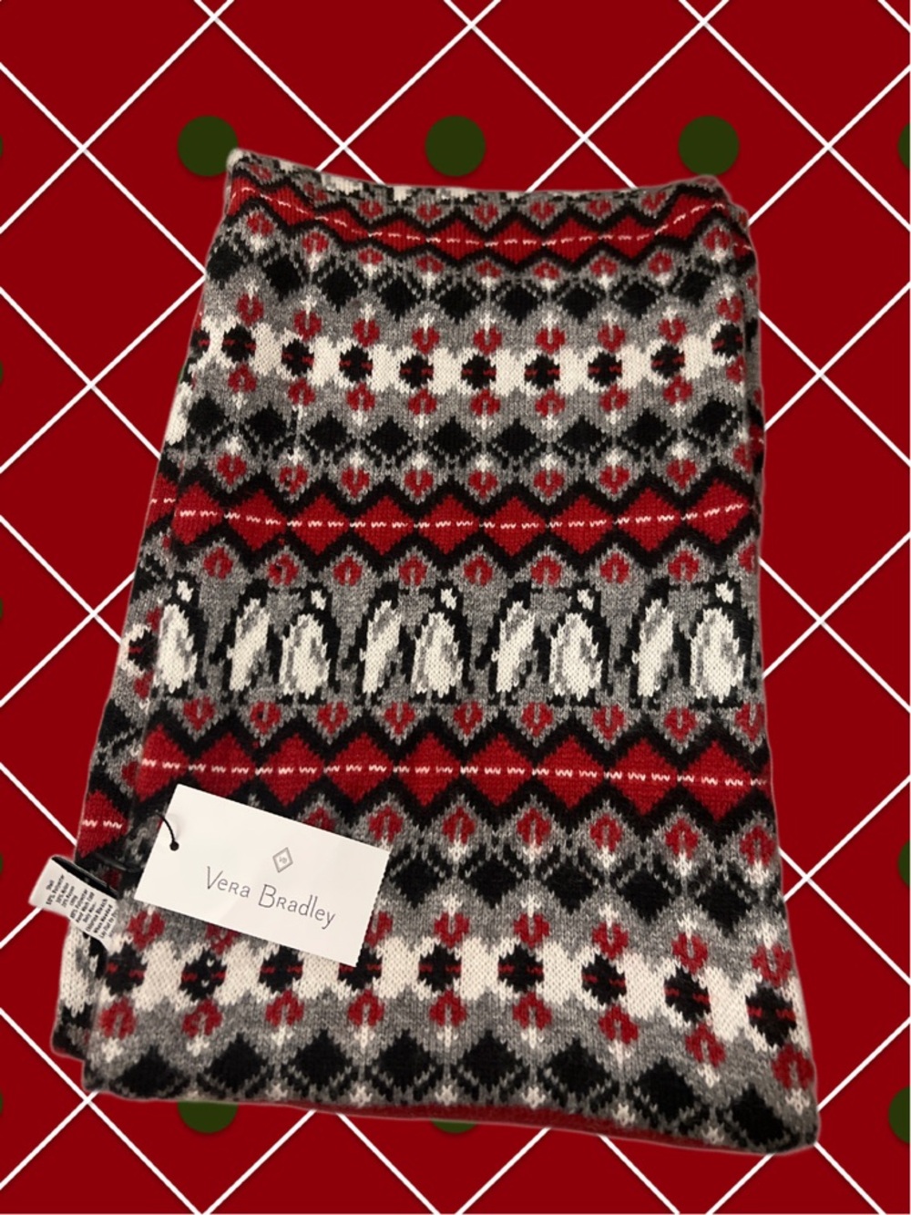 Vera Bradley One Size Playful Penguin Cozy Cowl Scarf Red/Gray NWT